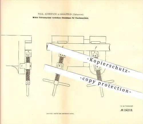 original Patent - Paul Auerbach in Saalfeld , 1883 , Per Schraubspindeln verstellbare Klemmklauen für Stauchmaschinen !!