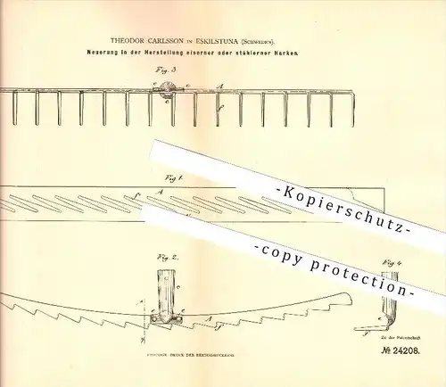 original Patent - Theodor Carlsson in Eskilstuna , Schweden , 1883 , Neuerung in der Herstellung von Harken !!!
