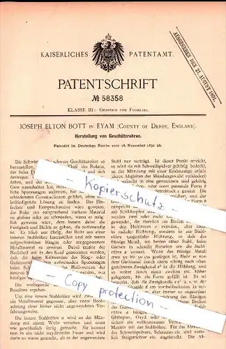 Original Patent - J. E. Bott in Eyam , County of Derby , England , 1890 , Geschützrohre !!!