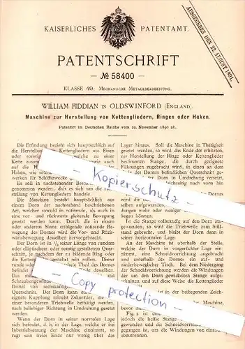 Original Patent - William Fiddian in Oldswinford / Stourbridge , England , 1890 , Herstellung von Kettengliedern !!!