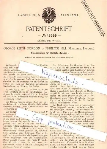 Original Patent - George Keith Gordon in Primrose Hill , London , England , 1889 ,  Weberei !!!