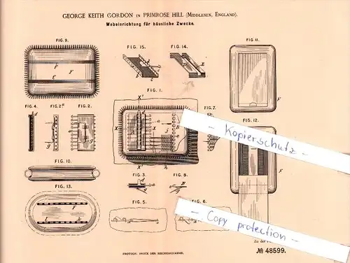 Original Patent - George Keith Gordon in Primrose Hill , London , England , 1889 ,  Weberei !!!