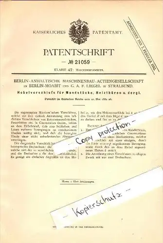 Original Patent - G.A. Liegel in Stralsund i. Mecklenburg , 1882 , Hebelverschluß , Maschinenbau in Berlin-Moabit !!