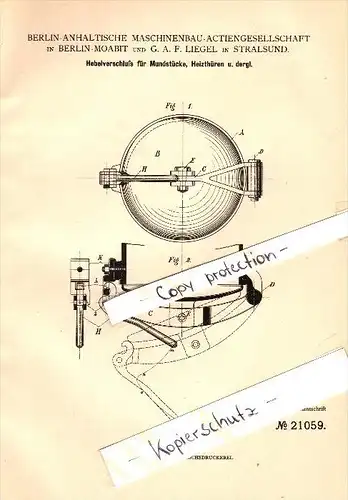 Original Patent - G.A. Liegel in Stralsund i. Mecklenburg , 1882 , Hebelverschluß , Maschinenbau in Berlin-Moabit !!