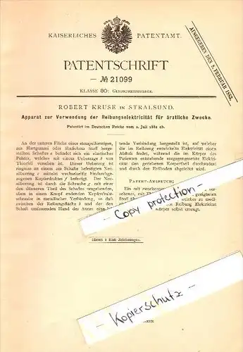 Original Patent - Robert Kruse in Stralsund in Mecklenburg , 1882 , Apparat für Ärzte , Krankenhaus , Elektrik , Arzt !!