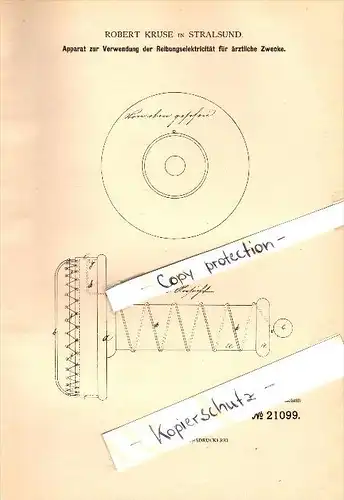 Original Patent - Robert Kruse in Stralsund in Mecklenburg , 1882 , Apparat für Ärzte , Krankenhaus , Elektrik , Arzt !!