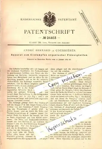 Original Patent - André Bernard à Courrieres , 1883 , Dispositif pour l'évaporation de liquides organiques !!!