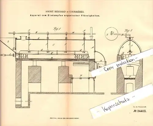 Original Patent - André Bernard à Courrieres , 1883 , Dispositif pour l'évaporation de liquides organiques !!!