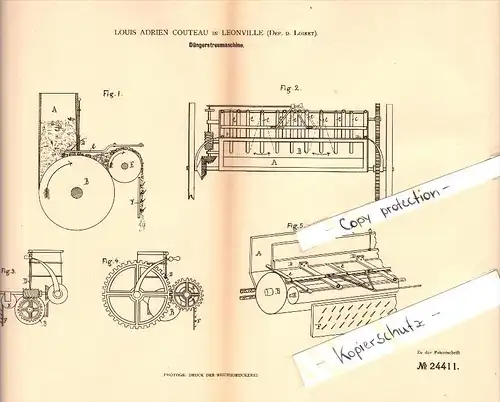 Original Patent - L.A. Couteau à Leonville , Loiret , 1883 , Épandeur d'engrais !!!