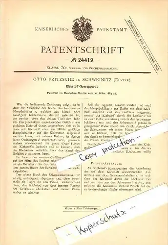 Original Patent - Otto Fritzsche in Schweinitz b. Jessen / Elster , 1883 , Klebstoff-Sparapparat !!!