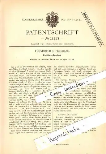 Original Patent - Fronhöfer in Prenzlau , 1883 , Kartätsch-Geschoß , Munition , Granate , Kanone !!!