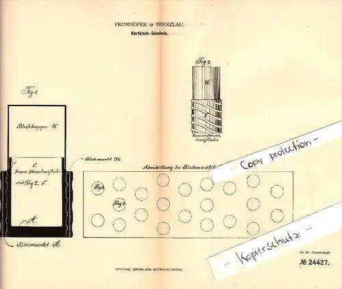 Original Patent - Fronhöfer in Prenzlau , 1883 , Kartätsch-Geschoß , Munition , Granate , Kanone !!!