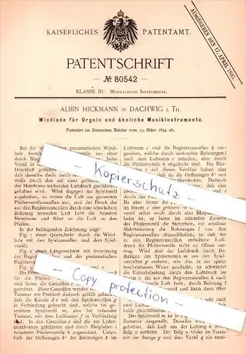 Original Patent - Albin Hickmann in Dachwig i. Th. , 1894 , Windlade für Orgeln !!!