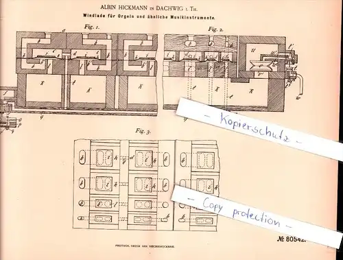 Original Patent - Albin Hickmann in Dachwig i. Th. , 1894 , Windlade für Orgeln !!!