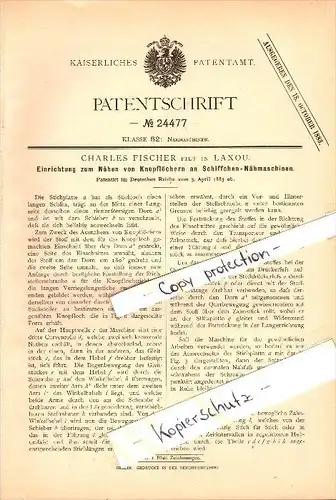 Original Patent - Charles Fischer à  Laxou , 1883 , Machine à coudre les boutonnières !!!