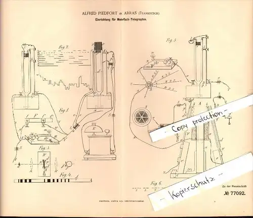 Original Patent - Alfred Piedfort à Arras , 1893 , Multiple - Telegraph , telegraphy !!!