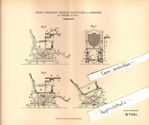 Original Patent - G.H. Kaltwasser in Oderfeld b. Barbis / Bad Lauterberg , 1893 , Schaukelstuhl !!!