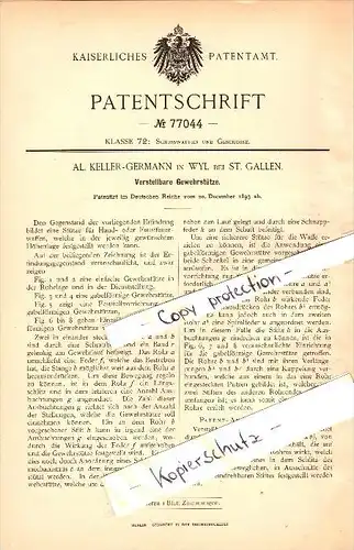 Original Patent - A. Keller-Germann in Wil b. St. Gallen , 1893 , verstellbare Gewehrstütze , Jagd , Gewehr , Wyl !!!