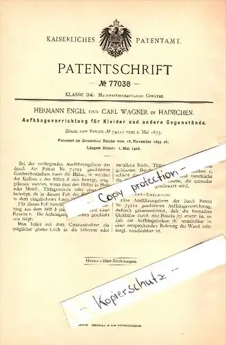 Original Patent - Hermann Engel und Carl Wagner in Hainichen , 1893 , Aufhängevorrichtung für Kleider !!!