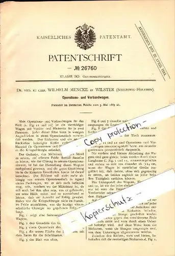 Original Patent - Dr. med. Wilhelm Mencke in Wilster , 1883 , Operations- und Verbandwagen , Arzt , Steinburg !!!