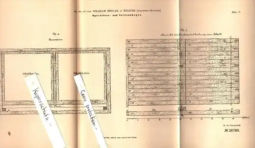Original Patent - Dr. med. Wilhelm Mencke in Wilster , 1883 , Operations- und Verbandwagen , Arzt , Steinburg !!!