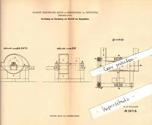 Original Patent - A.F. Roth in Regenstein b. Kötzting , 1883 , Herstellung von Holzstoff , Niederbayern !!!