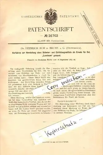 Original Patent - Dr. Heinrich Bum in Brunn am Gebirge , 1883 , Herstellung von Lanoleum , Schmiermittel !!!
