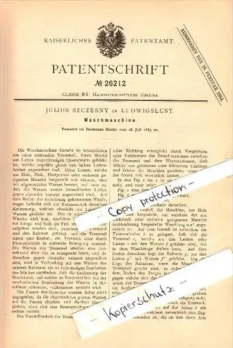 Original Patent - Julius Szczesny in Ludwigslust i. Mecklenburg , 1883 , Waschmaschine , Wäscherei !!!