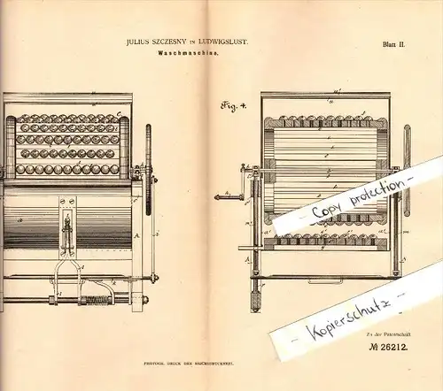 Original Patent - Julius Szczesny in Ludwigslust i. Mecklenburg , 1883 , Waschmaschine , Wäscherei !!!