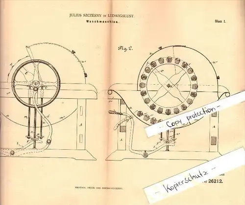 Original Patent - Julius Szczesny in Ludwigslust i. Mecklenburg , 1883 , Waschmaschine , Wäscherei !!!