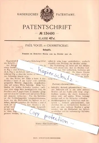 Original Patent   - Paul Vogel in Crimmitschau , 1901 , Seilspliß !!!