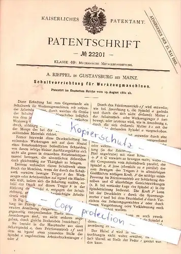 Original Patent   - A. Rieppel in Gustavsburg bei Mainz , 1882 , Schaltvorrichtung für Werkzeugmaschinen !!!