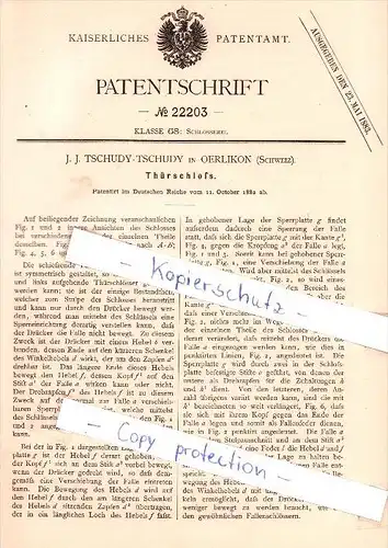 Original Patent   - J. J. Tschudy-Tschudy in Oerlikon , Schweiz , 1882 , Thürschloß !!!