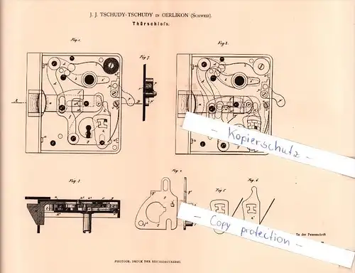 Original Patent   - J. J. Tschudy-Tschudy in Oerlikon , Schweiz , 1882 , Thürschloß !!!