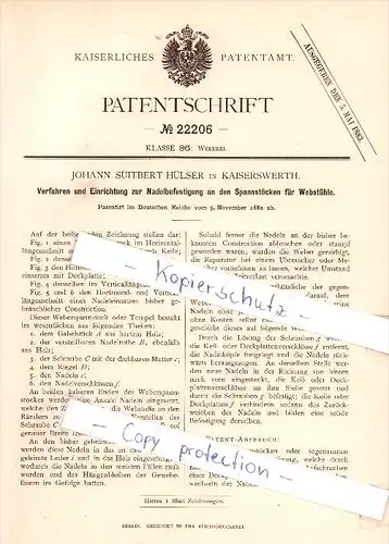 Original Patent   - J. S. Hülser in Kaiserswerth , 1882 ,Nadelbefestigung an Spannstöcken , Weberei !!!