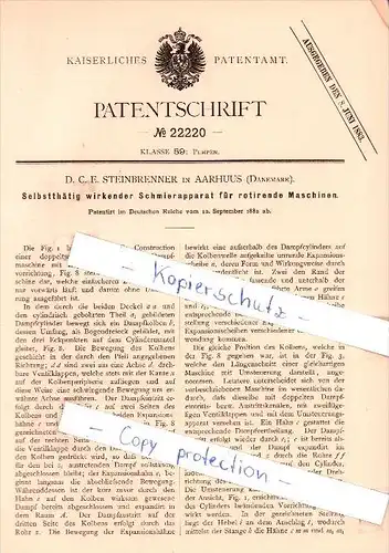 Original Patent   - D. C. E. Steinbrenner in Aarhuus , Dänemark , 1882 , Schmierapparat !!!