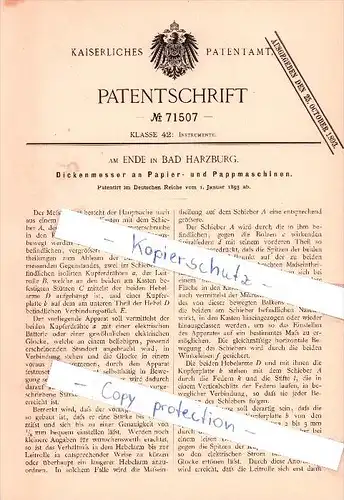 Original Patent   - am Ende in Bad Harzburg , 1893 , Dickenmesser an Papier- und Pappmaschinen !!!