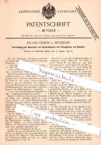 Original Patent   - E. Gessler in Metzingen , 1893 , Behandeln von Kardenbändern , Bleichen !!!