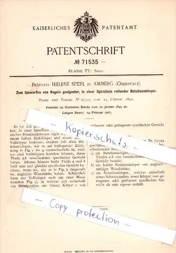 Original Patent   - Frl. H. Sperl in Amberg , Oberpfalz , 1893 , Umwerfen von Kegeln , Sport !!!