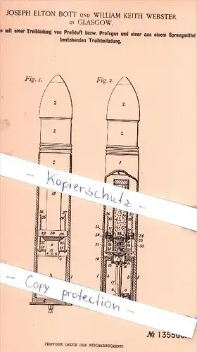 Original Patent - J. E. Bott and W. Webster in Glasgow , 1901 , Cartridge with compressed air propellant , ammunition !!
