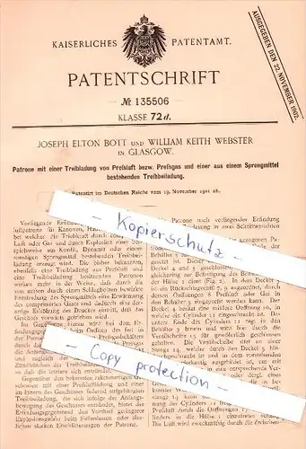 Original Patent - J. E. Bott and W. Webster in Glasgow , 1901 , Cartridge with compressed air propellant , ammunition !!