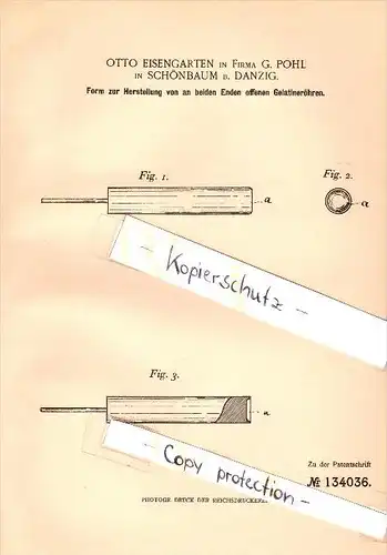 Original Patent - Otto Eisengarten , C. Pohl in Schönbaum / Drewnica , 1901 , Gelantine - Röhrchen , Steegen / Stegna !