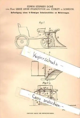 Original Patent - E.S. Doré and L. Evanovitch , Cubley in London , 1901 , Shield for motor vehicles , automobile !!!