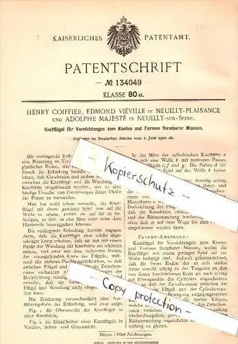 Original Patent - H. Coiffier et E. Viéville à Neuilly Plaisance , 1900 , pétrisseur , A. Mejesté à Neuilly sur Seine !