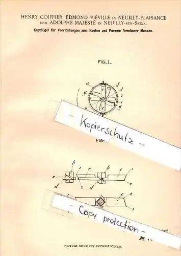 Original Patent - H. Coiffier et E. Viéville à Neuilly Plaisance , 1900 , pétrisseur , A. Mejesté à Neuilly sur Seine !