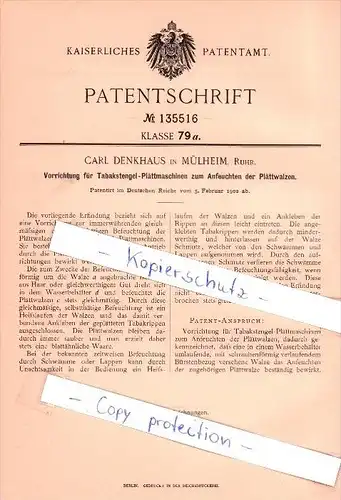Original Patent - Carl Denkhaus in Mülheim , Ruhr , 1902 , Tabakstengel-Plättmaschinen , Tabak !!!