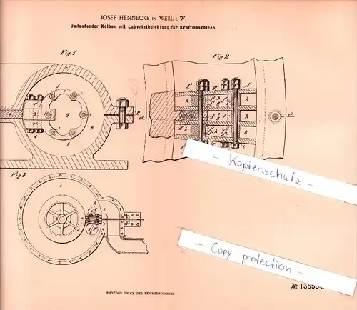 Original Patent   - J. Hennecke in Werl i. W. , 1900 , Kolben mit Labyrinthdichtung  !!!