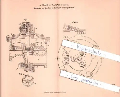 Original Patent   - A. Krank in Warkaus , Finland , 1901 , Umsetzen von Dampfkraft in Flüssigkeitsdruck !!!