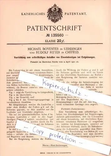 Original Patent   - M. Boventer in Uerdingen und R. Ritter in Crefeld , 1901 , Eisenbahn - Entgleisung !!!