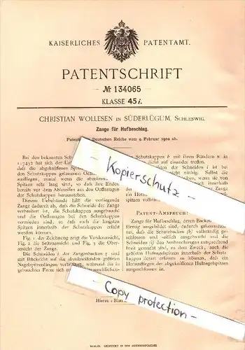 Original Patent - Christian Wollesen in Süderlügum , Schleswig , 1902 , Zange für Hufbeschlag , Pferde !!!